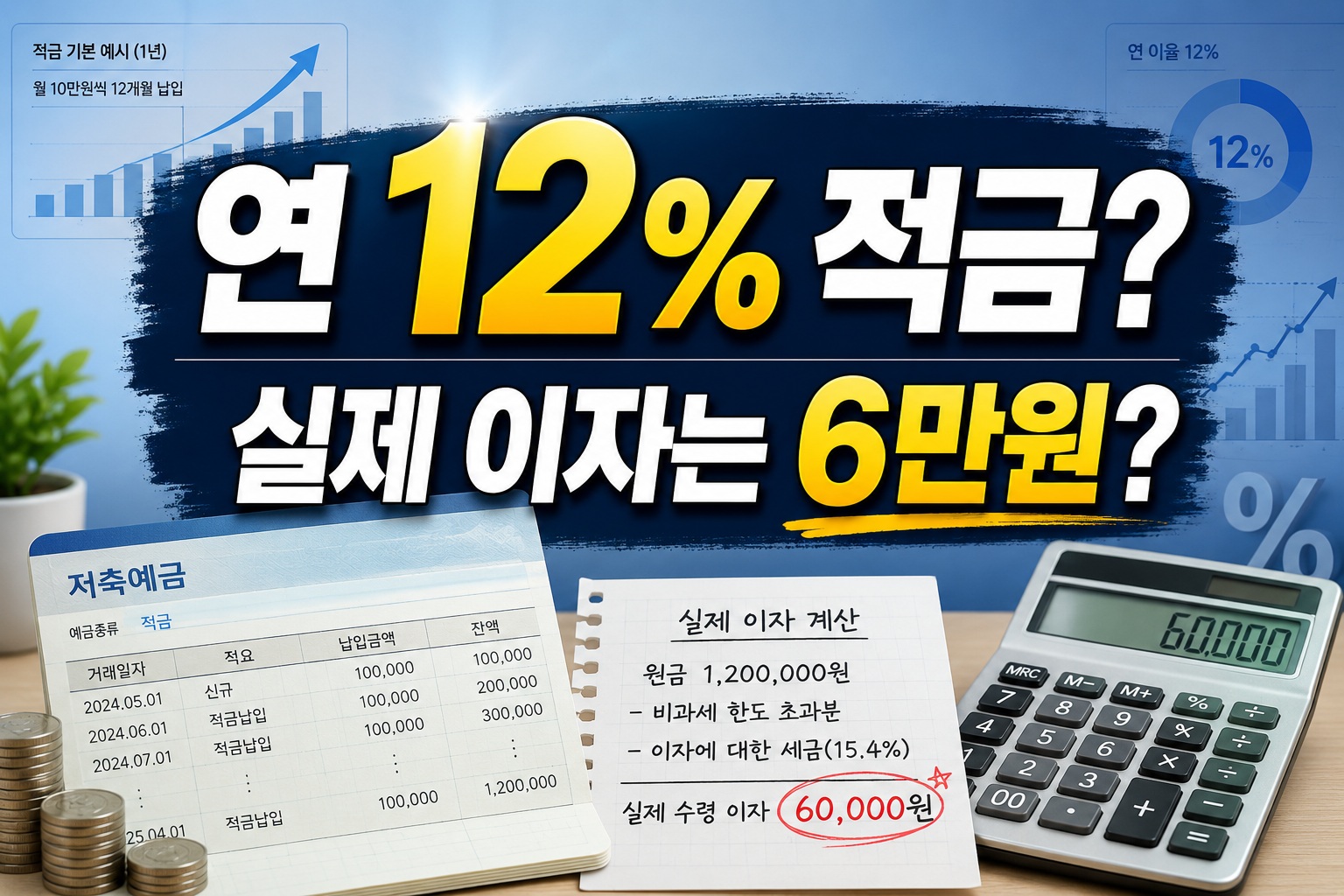 연 12% 고금리 특판 적금의 실제 이자를 월 납입금과 가입기간, 우대조건을 기준으로 계산해보는 모습을 표현한 이미지