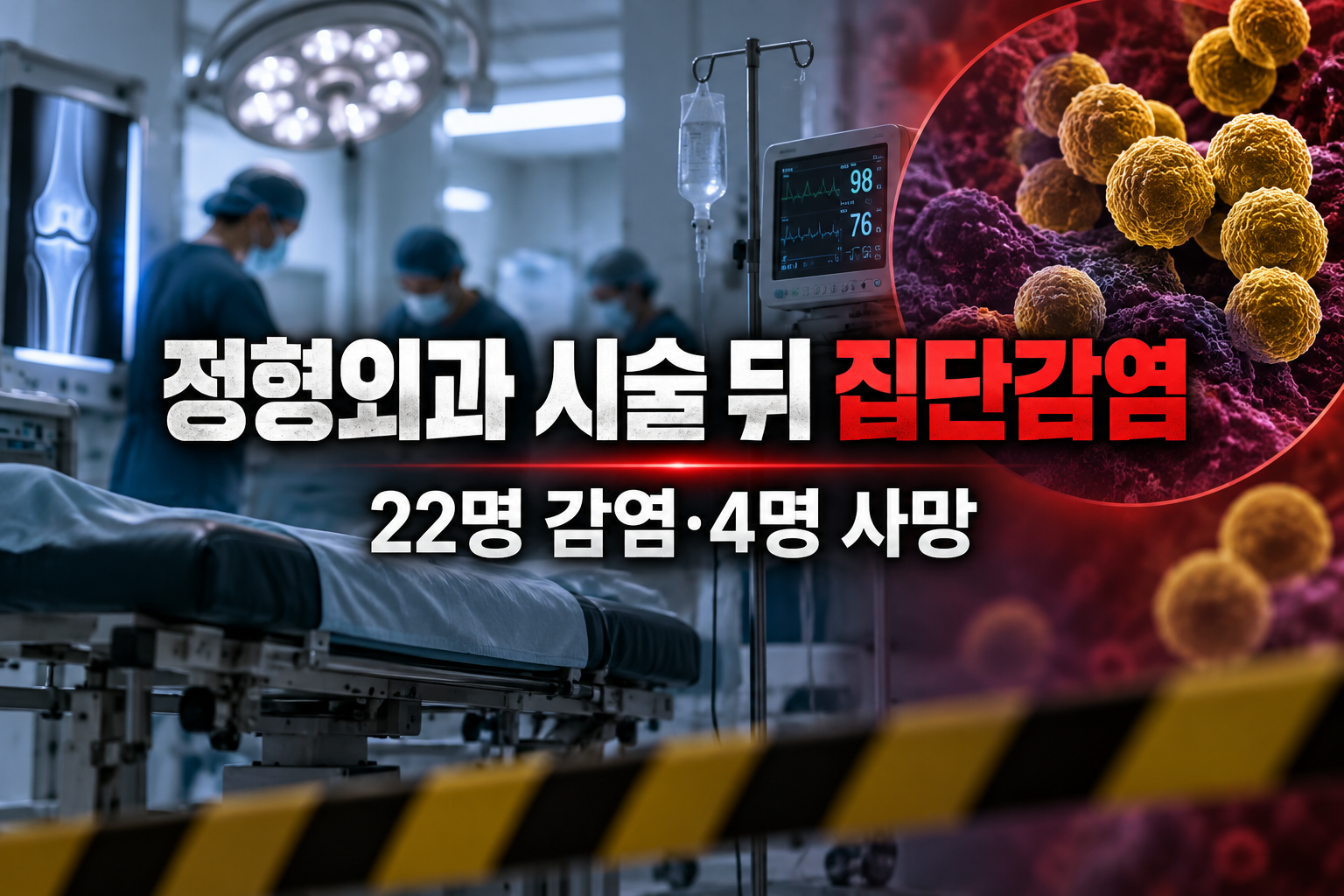 강릉의 한 정형외과에서 시술받은 환자 22명이 황색포도알균에 감염되고 4명이 사망한 집단감염 사건과 의료기관 감염관리 문제를 표현한 이미지